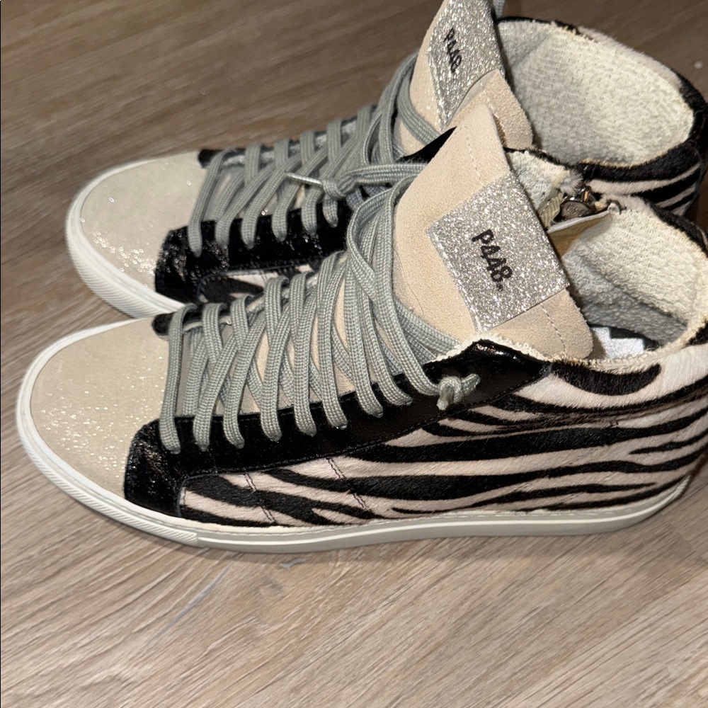P448 Skate Sneaker Women's Zebra Pony Hair High Top Glitter - Picture 2 of 7